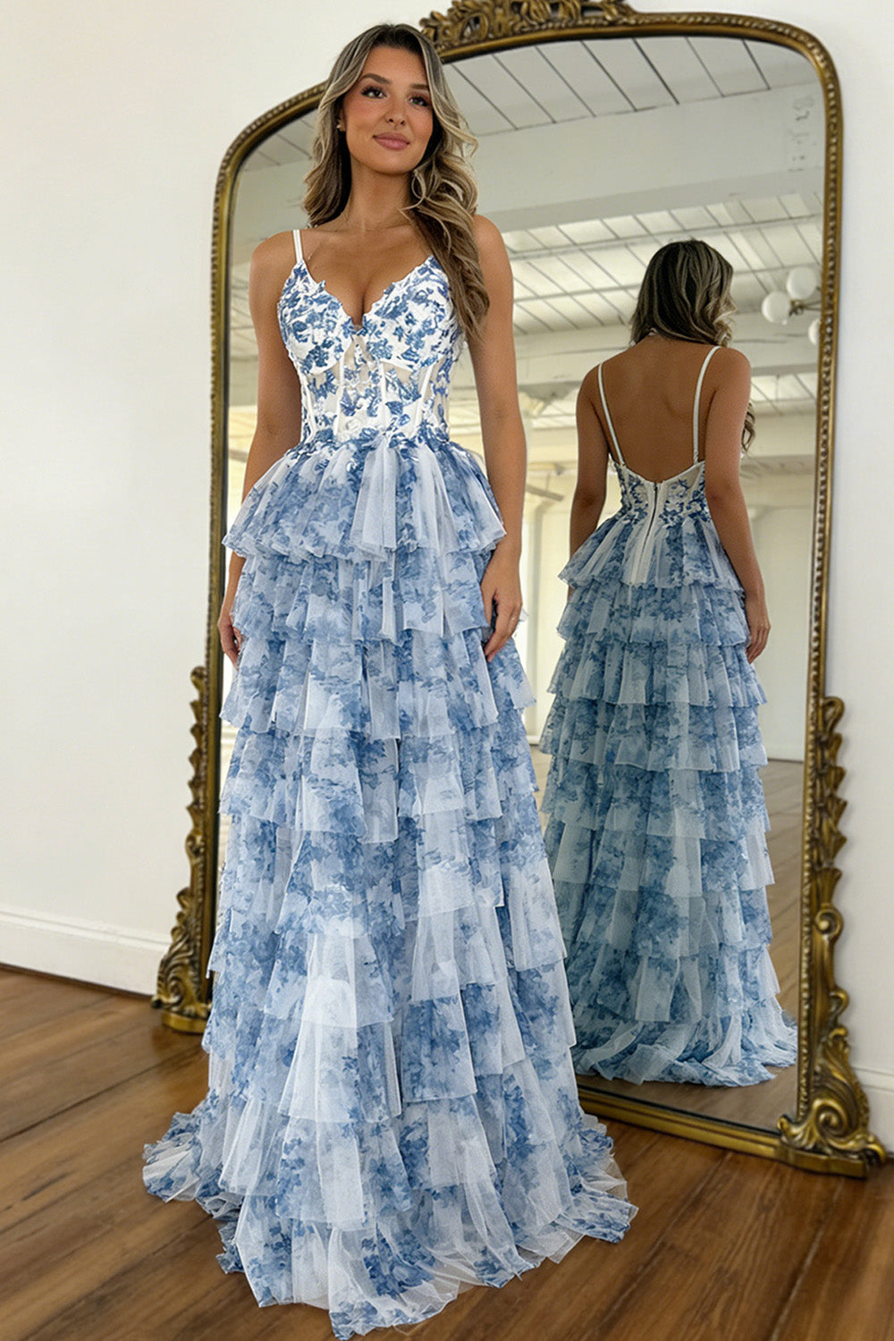 Romantic Blue Floral Tiered Tulle Prom Gown with Corset Bodice