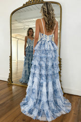 Romantic Blue Floral Tiered Tulle Prom Gown with Corset Bodice