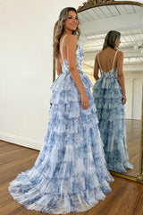 Romantic Blue Floral Tiered Tulle Prom Gown with Corset Bodice