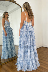 Romantic Blue Floral Tiered Tulle Prom Gown with Corset Bodice