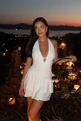 White Tiered Mini Party Dress with Halter Neckline and Keyhole Cutout