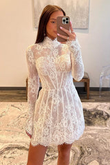 Dreamy White Lace Homecoming Dress with Long Sleeves and Flowing A Line Skirt