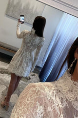 Dreamy White Lace Homecoming Dress with Long Sleeves and Flowing A Line Skirt