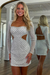 Romantic White Long Sleeve Dress with Pearl Accents and Cutout Back