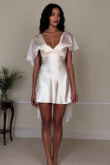 Romantic White Satin Homecoming Dress with Sheer Sleeves and Plunging V Neck