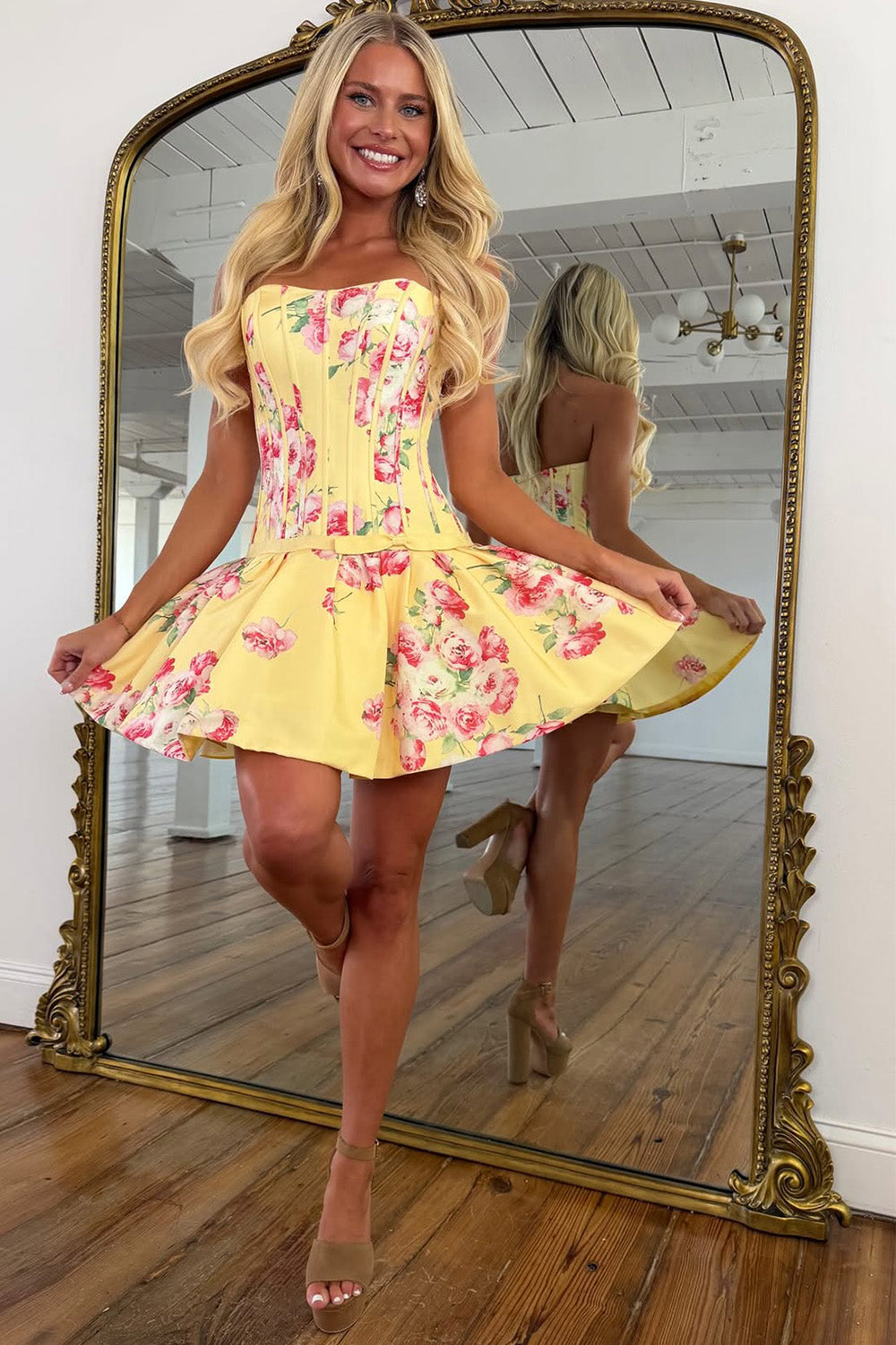 Chic Yellow Floral A Line Homecoming Dress with Strapless Neckline