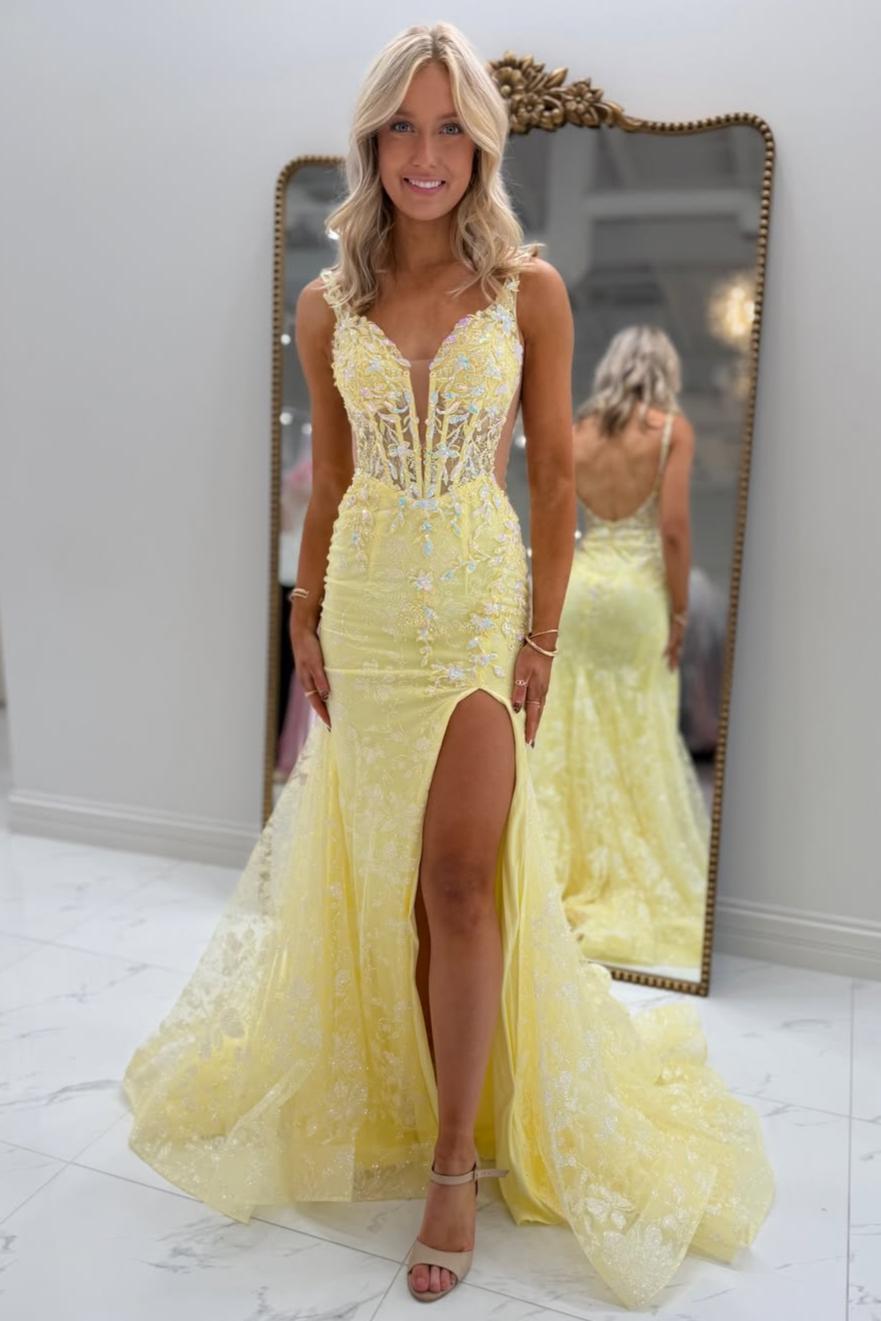 Yellow Lace Appliqué Mermaid Prom Dress with Plunging V Neck, Open Back & Slit