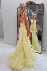 Yellow Lace Appliqué Mermaid Prom Dress with Plunging V Neck, Open Back & Slit
