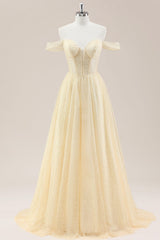 Yellow Off-Shoulder Glitter Pearls Prom Dress with Corset Bodice
