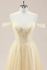 Yellow Off-Shoulder Glitter Pearls Prom Dress with Corset Bodice